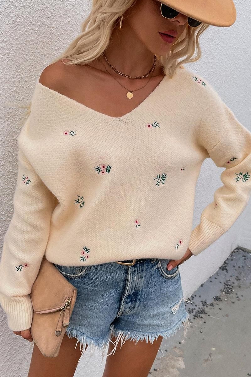 PRINTING V NECK LOOSE SWEATER - Doublju