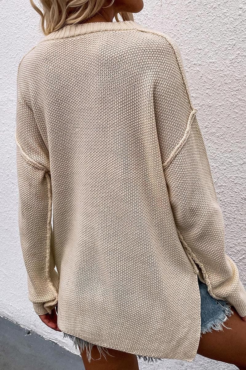 SOLID COLOR PULLOVER V NECK SWEATER - Doublju