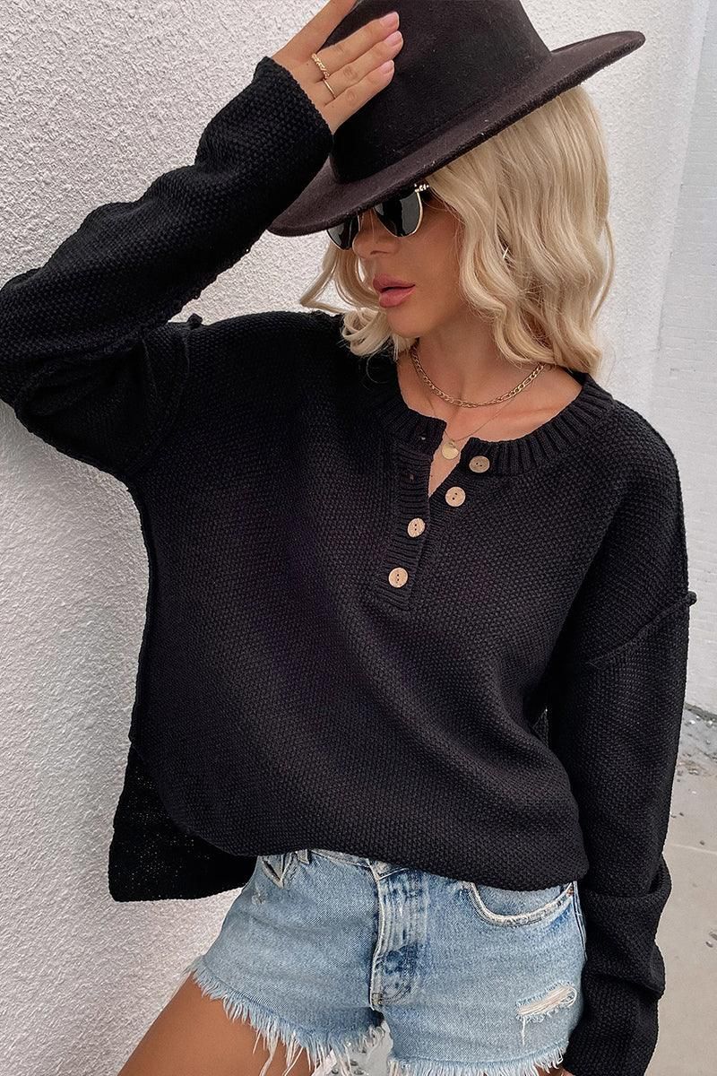 SOLID COLOR PULLOVER V NECK SWEATER - Doublju