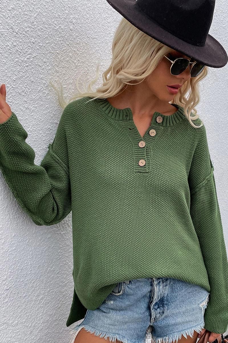 SOLID COLOR PULLOVER V NECK SWEATER - Doublju