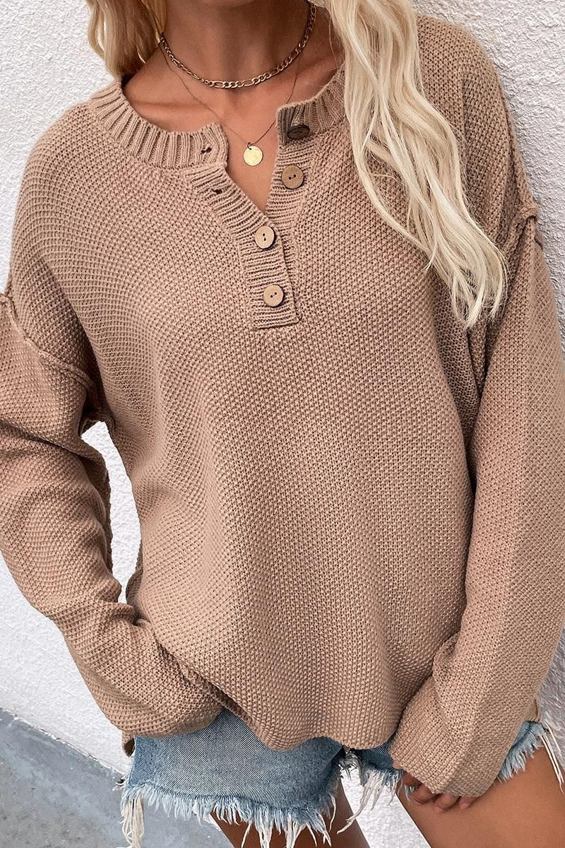 SOLID COLOR PULLOVER V NECK SWEATER - Doublju