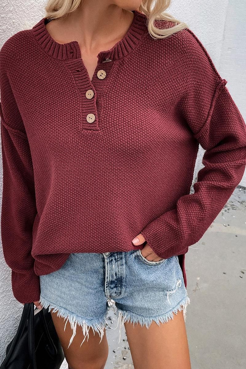 SOLID COLOR PULLOVER V NECK SWEATER - Doublju