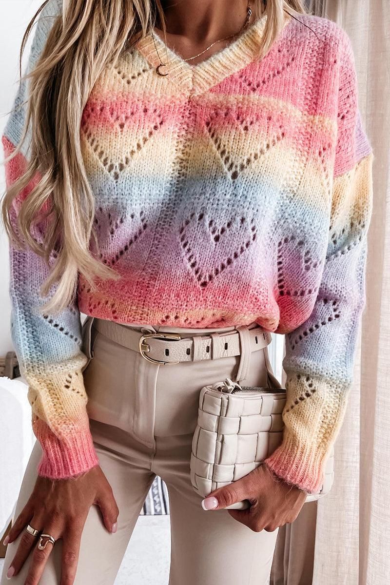 PRINTING RAINBOW V NECK PULLOVER SWEATER - Doublju