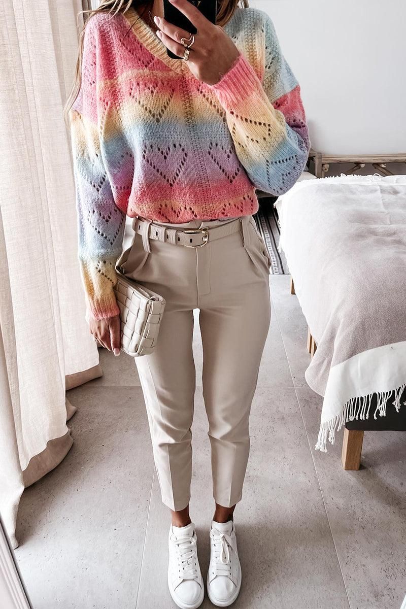 PRINTING RAINBOW V NECK PULLOVER SWEATER - Doublju