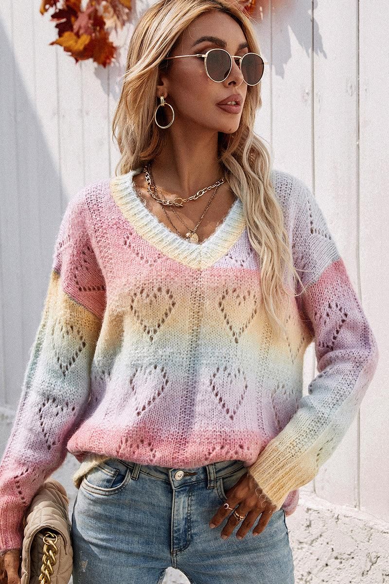 PRINTING RAINBOW V NECK PULLOVER SWEATER - Doublju