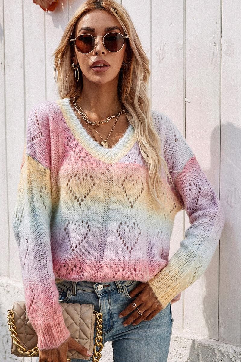 PRINTING RAINBOW V NECK PULLOVER SWEATER - Doublju