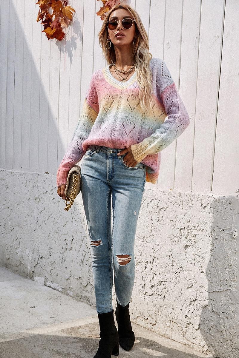 PRINTING RAINBOW V NECK PULLOVER SWEATER - Doublju