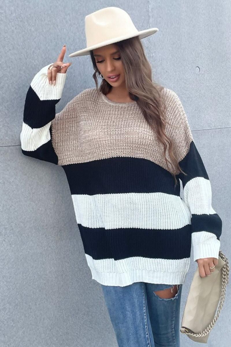 STRIPED ROUND NECK KNITTED SWEATER - Doublju