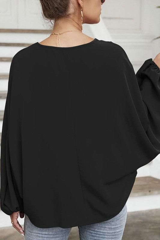 SOLID SOLOR TIE NECK LONG SLEEVE TOP - Doublju