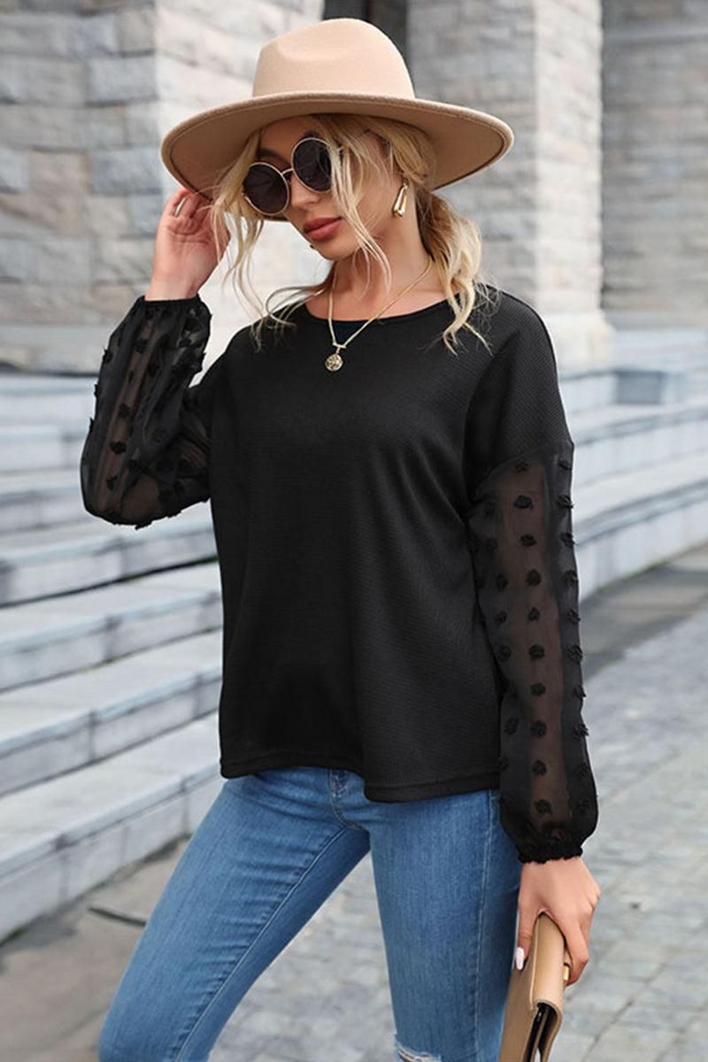 SOLID LACE STITCHED SLEEVE CASUAL WOMEN TOP - Doublju