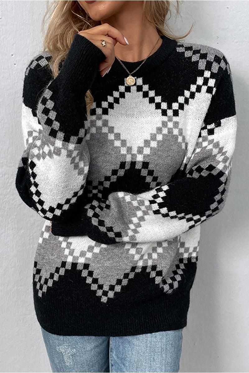 WOMENS ARGYLE PATTERN SWEATER TOP - Doublju