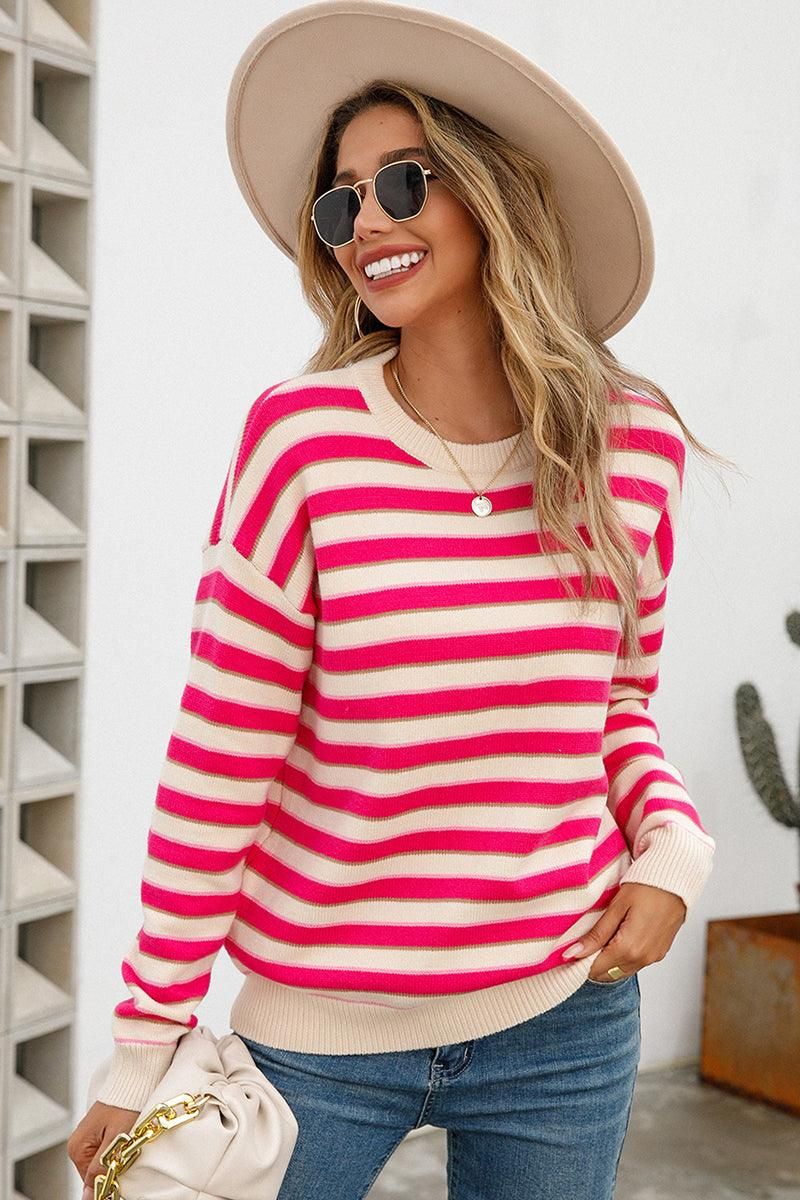 WOMENS STRIPE CASUAL SWEATER TOP - Doublju