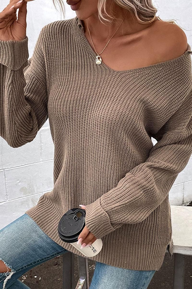 LONG SLEEVED SOLID V NECK KNIT TOP - Doublju