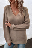 LONG SLEEVED SOLID V NECK KNIT TOP - Doublju