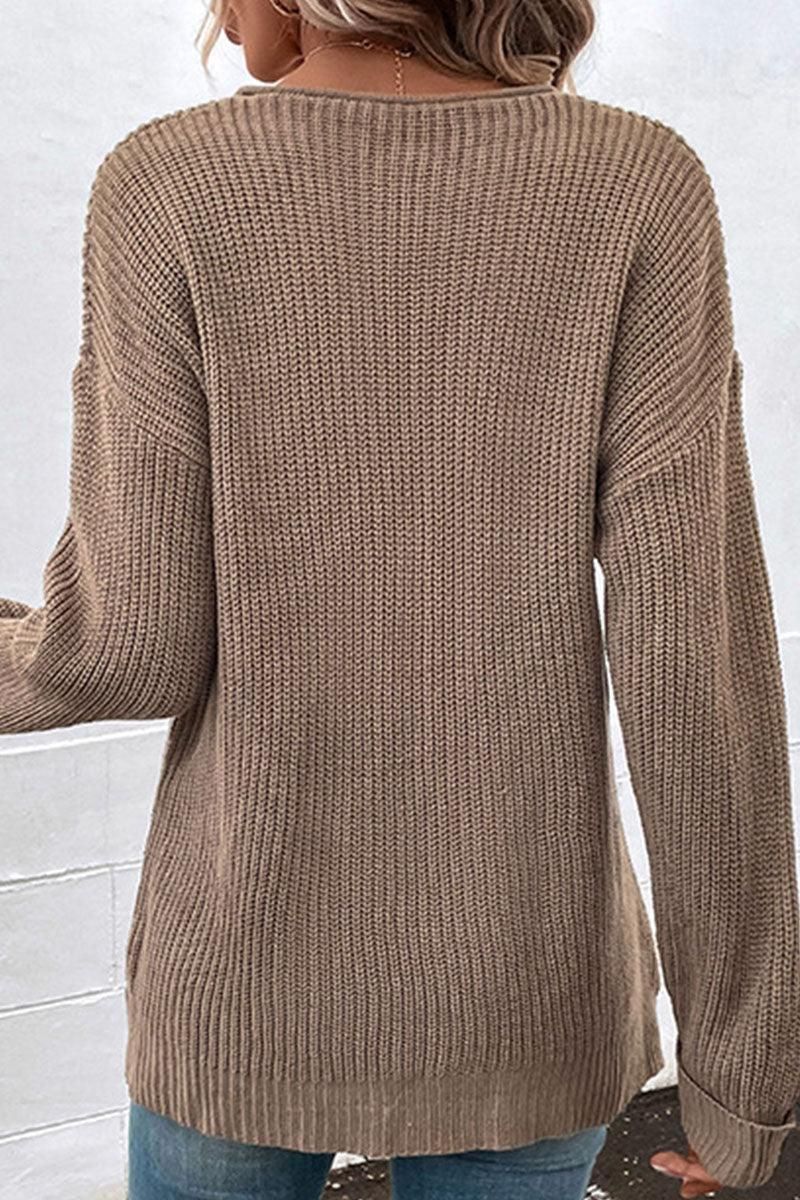 LONG SLEEVED SOLID V NECK KNIT TOP - Doublju