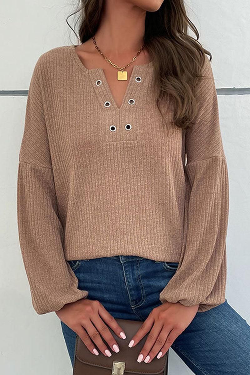 LONG SLEEVED HOLE POINT V NECK KNIT TOP - Doublju