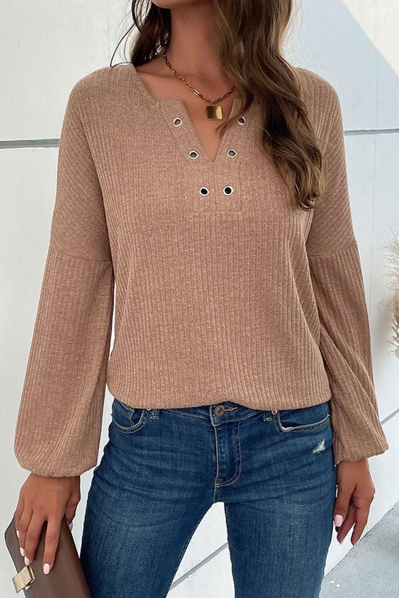 LONG SLEEVED HOLE POINT V NECK KNIT TOP - Doublju