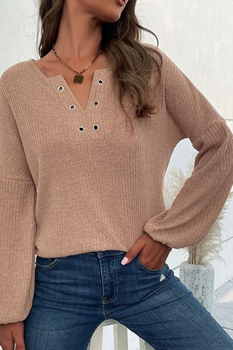 LONG SLEEVED HOLE POINT V NECK KNIT TOP - Doublju