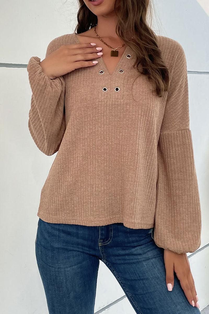 LONG SLEEVED HOLE POINT V NECK KNIT TOP - Doublju