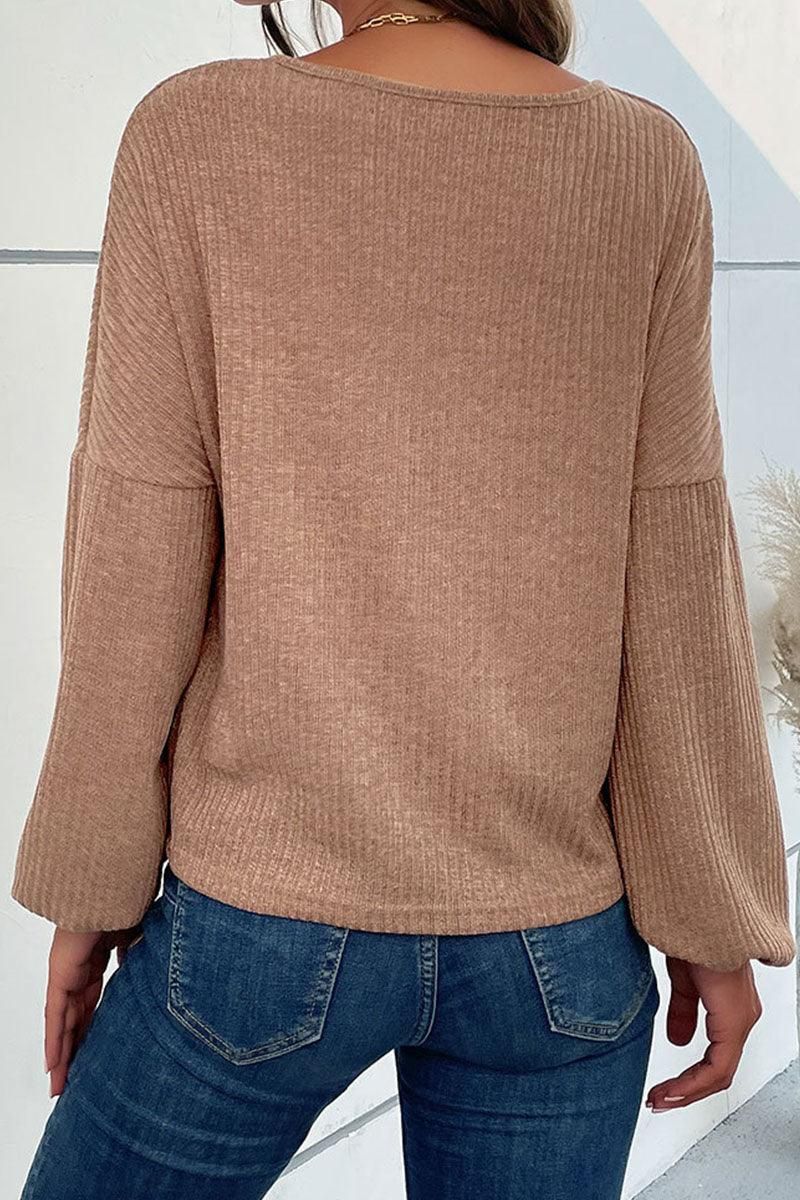 LONG SLEEVED HOLE POINT V NECK KNIT TOP - Doublju