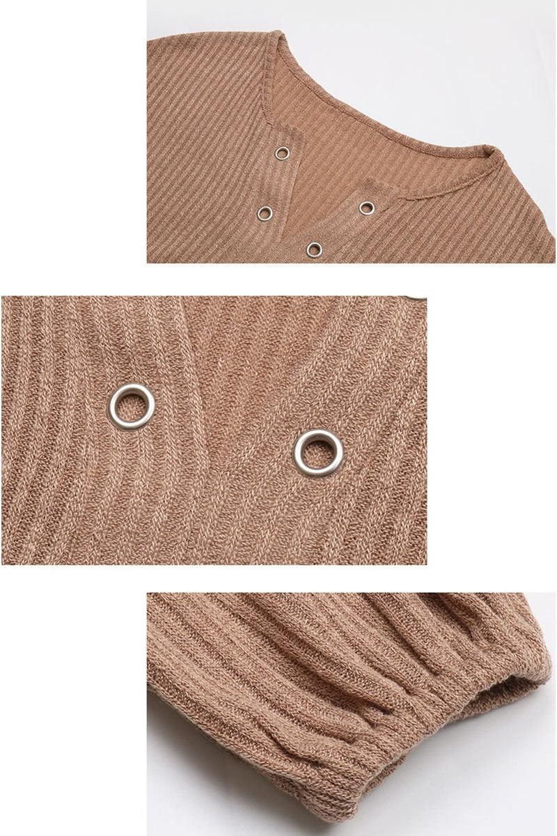 LONG SLEEVED HOLE POINT V NECK KNIT TOP - Doublju