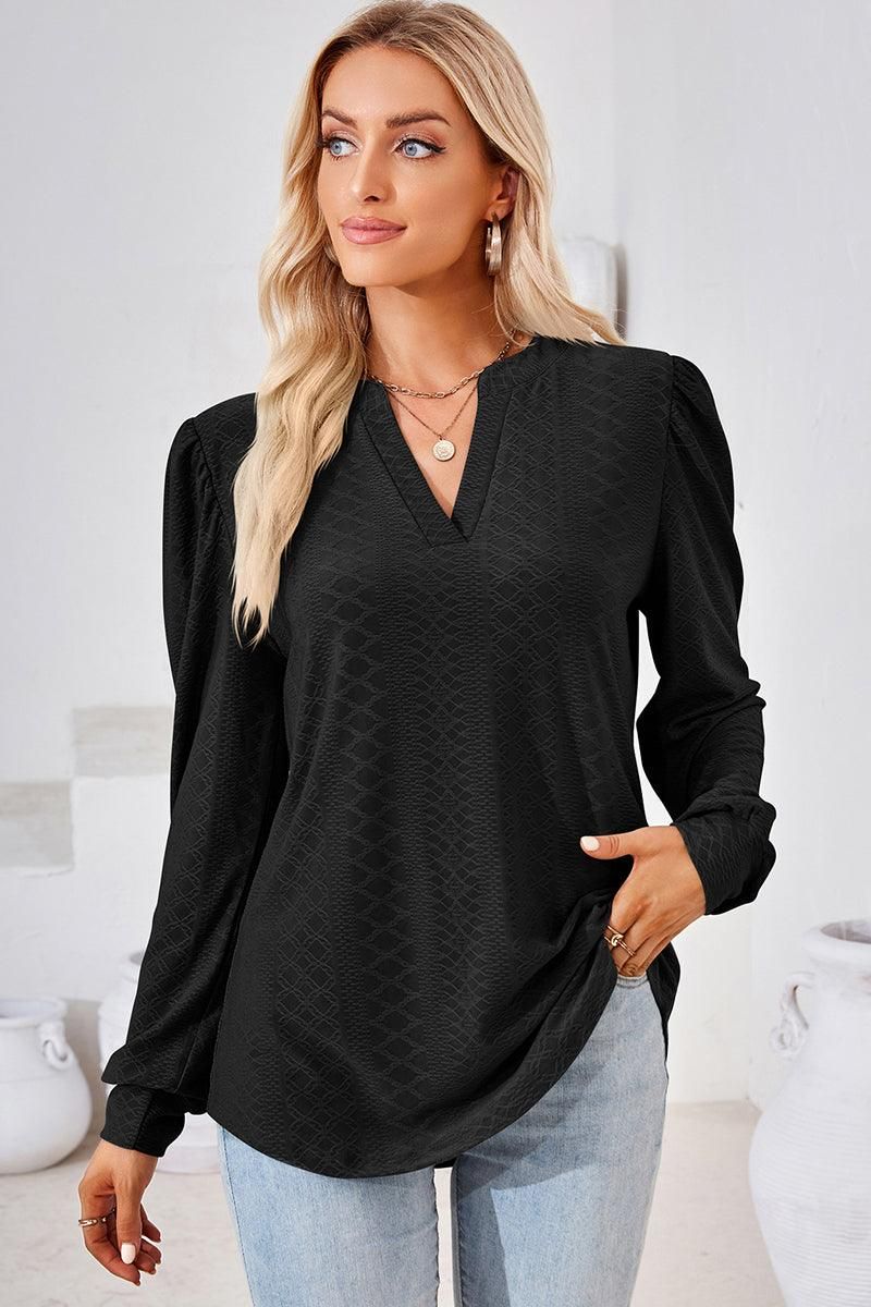 WOMEN V NECK JACQUARD LOOSE FIT TEE - Doublju