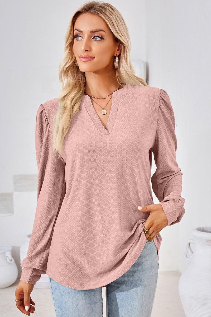 WOMEN V NECK JACQUARD LOOSE FIT TEE - Doublju