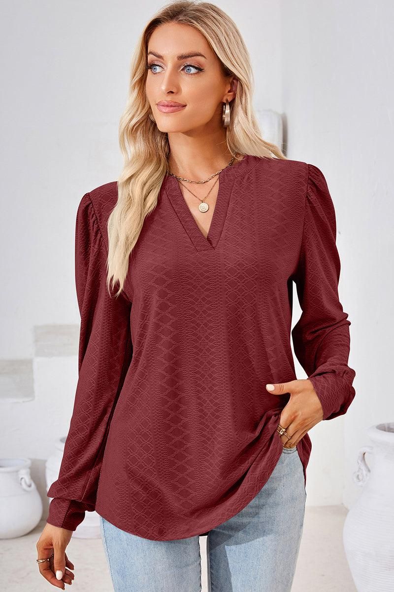 WOMEN V NECK JACQUARD LOOSE FIT TEE - Doublju