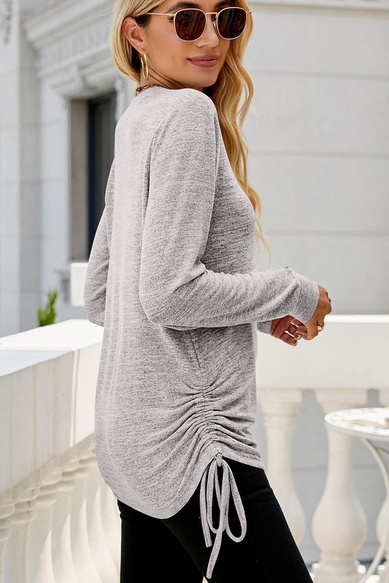 WOMEN V NECK SIDE DRAWSTRING PULLOVER TOP - Doublju