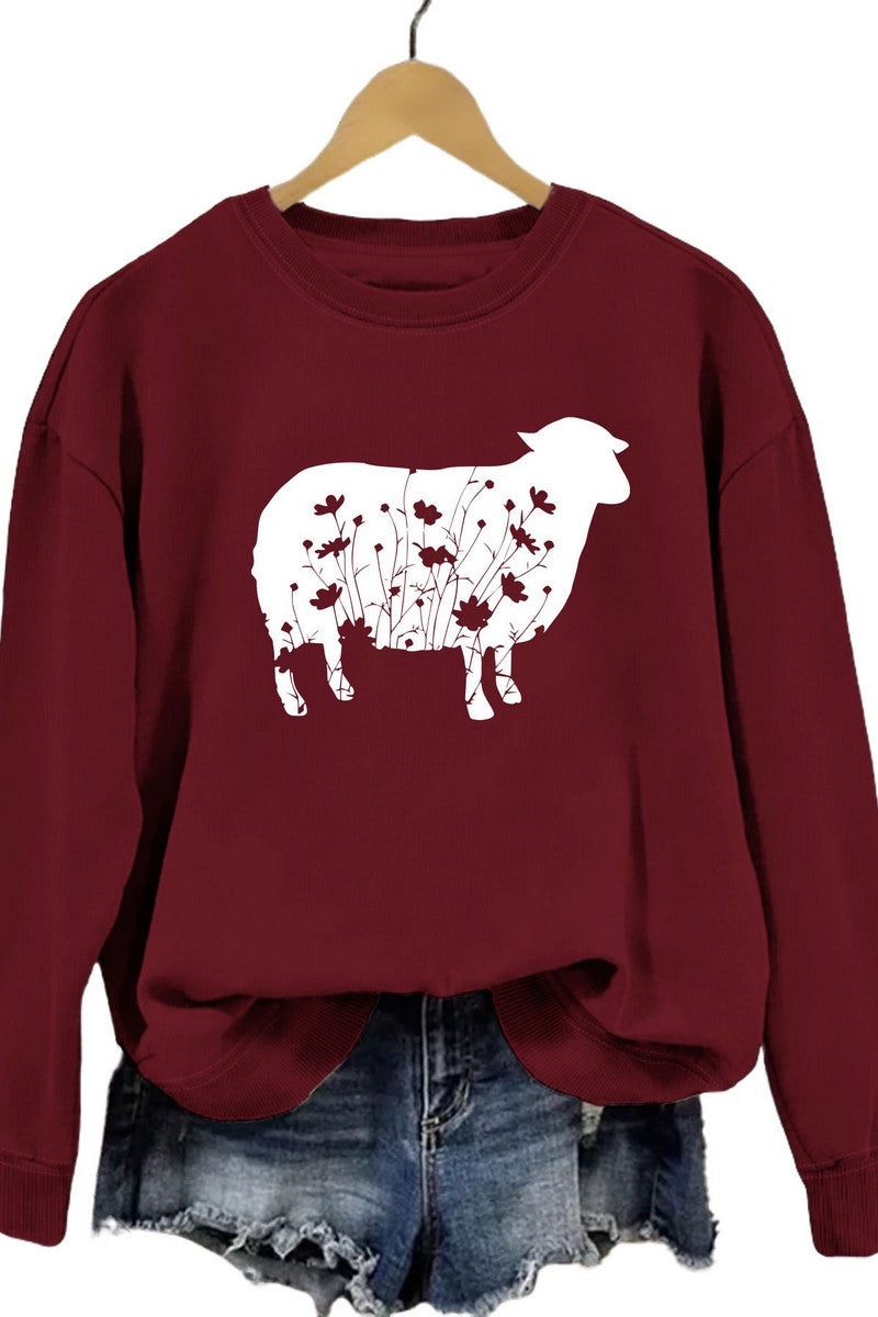 WOMEN SHEEP PRINTING CUTE LONG SLEEVE PULLOVER