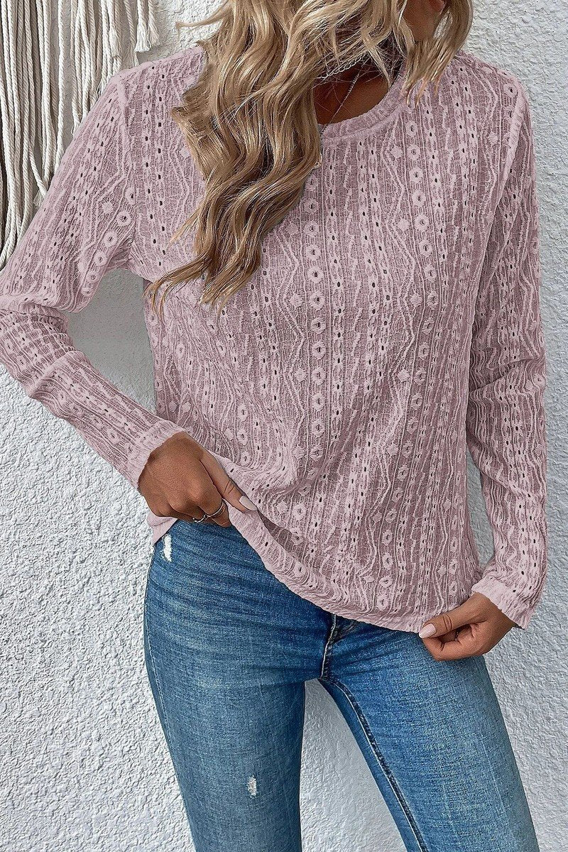 WOMEN LONG SLEEVE EYELET PUNCHING CASUAL T SHIRT