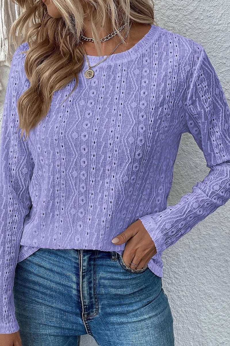 WOMEN LONG SLEEVE EYELET PUNCHING CASUAL T SHIRT