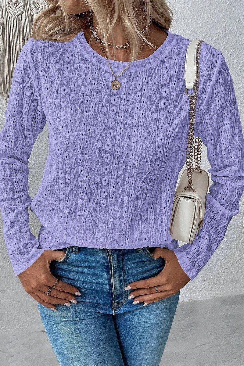 WOMEN LONG SLEEVE EYELET PUNCHING CASUAL T SHIRT