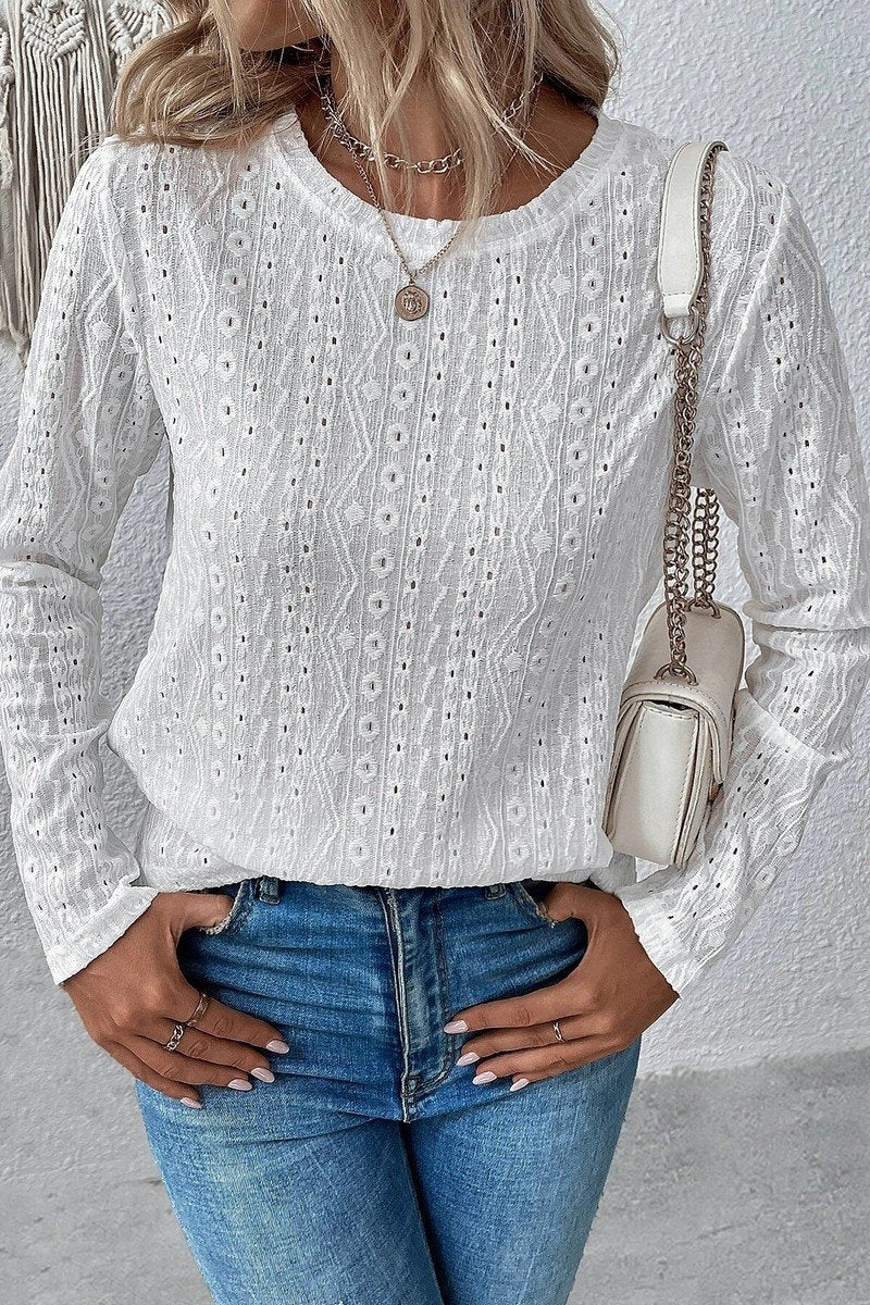 WOMEN LONG SLEEVE EYELET PUNCHING CASUAL T SHIRT