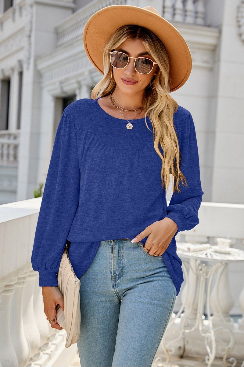 WOMEN LONG SLEEVE ROUND NECK BASIC SOLID T SHIRT