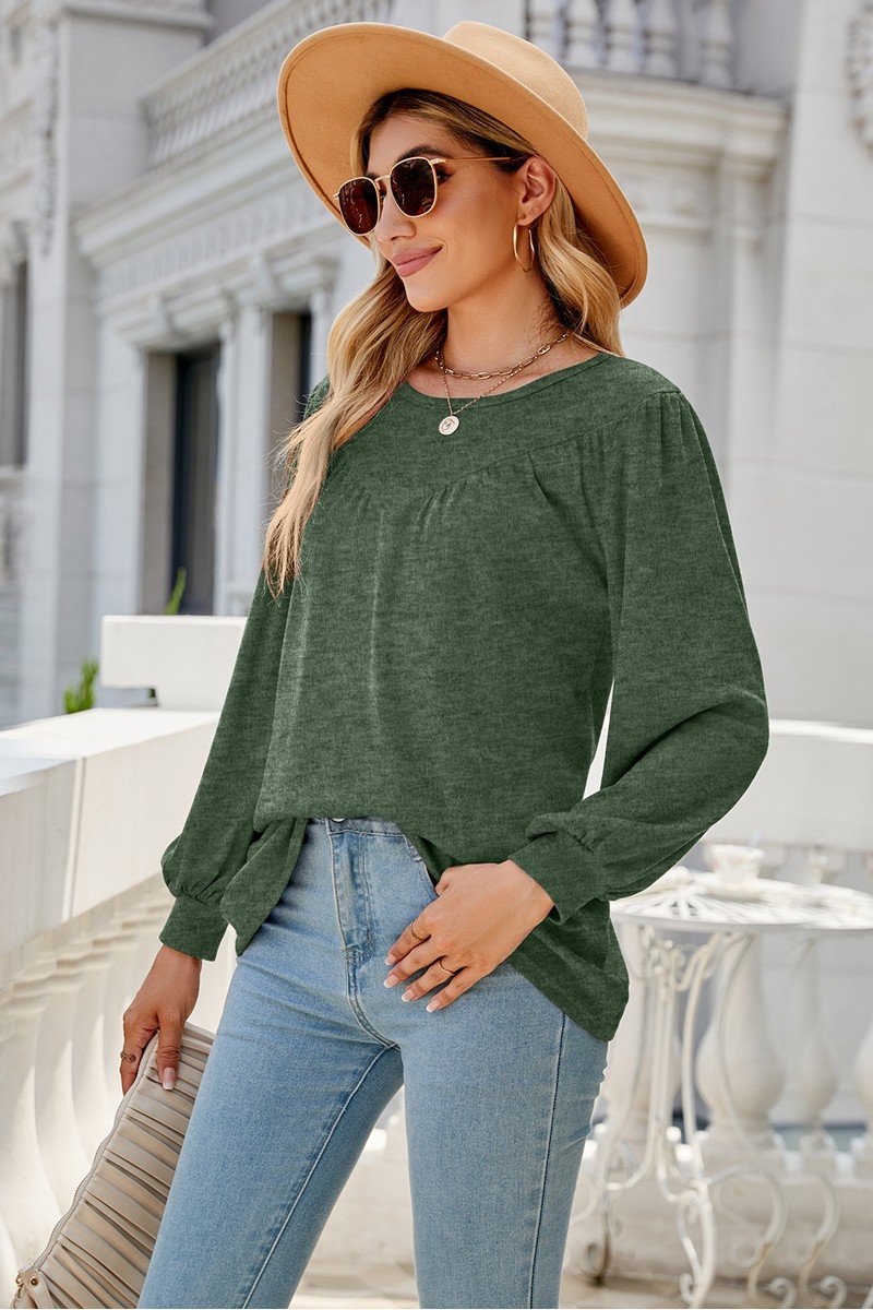 WOMEN LONG SLEEVE ROUND NECK BASIC SOLID T SHIRT