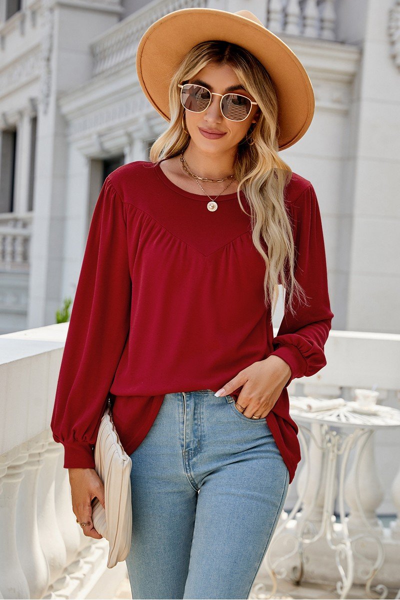 WOMEN LONG SLEEVE ROUND NECK BASIC SOLID T SHIRT