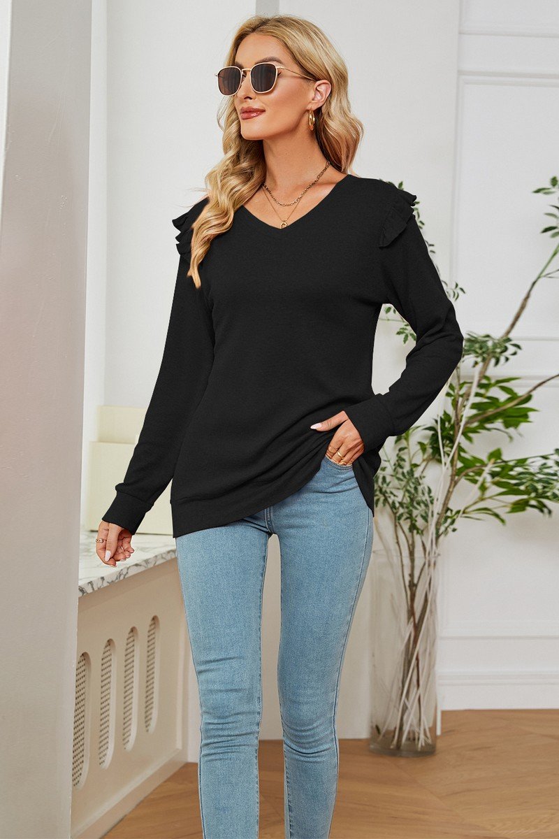 WOMEN RUFFLED ANGEL SLEEVE CASUAL T SHIRT