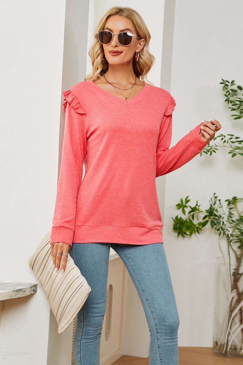 WOMEN RUFFLED ANGEL SLEEVE CASUAL T SHIRT