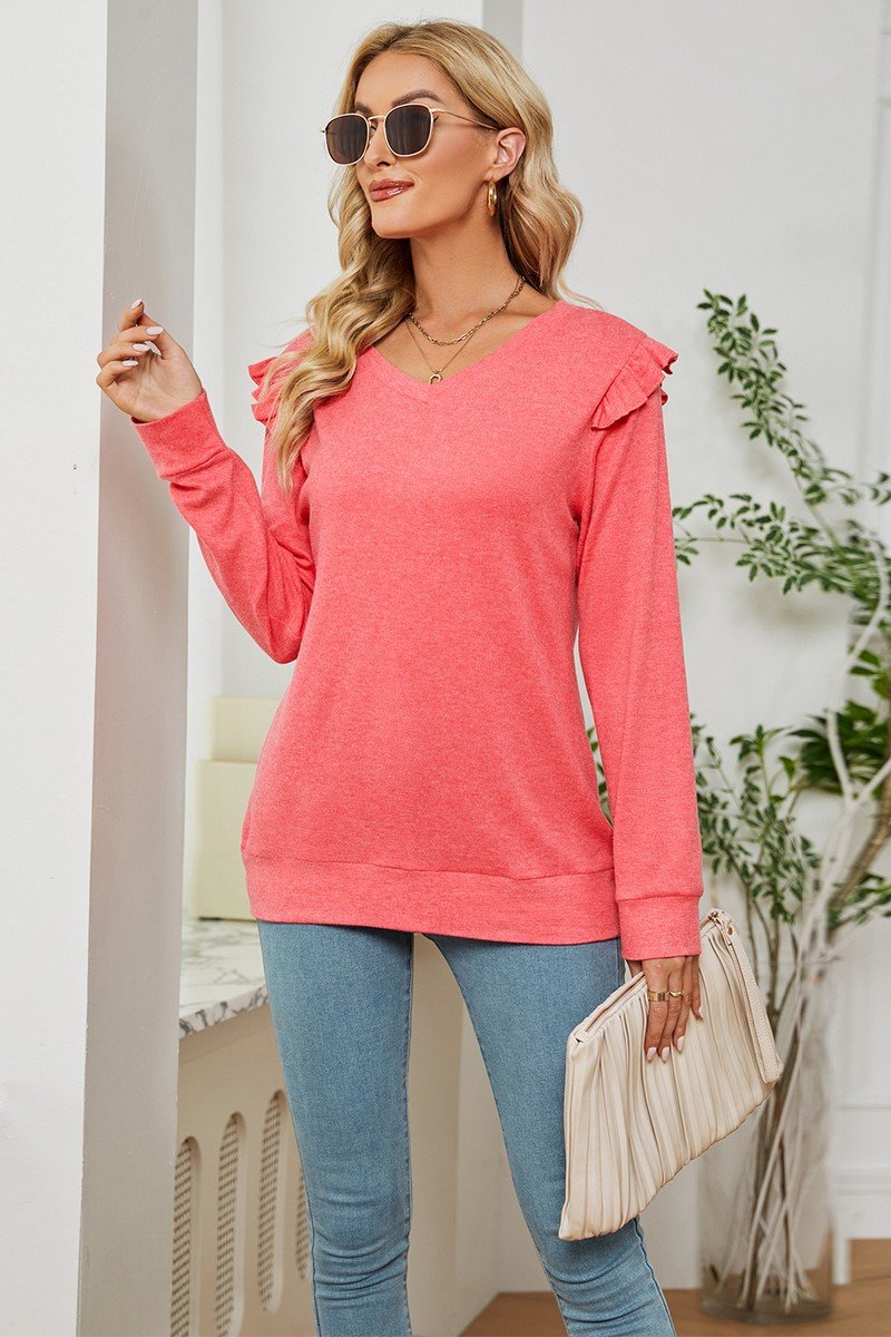 WOMEN RUFFLED ANGEL SLEEVE CASUAL T SHIRT