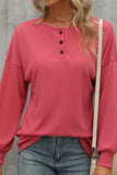 WOMEN LOOSE FIT HENLEY NECK RIBBED PULLOVER TEE