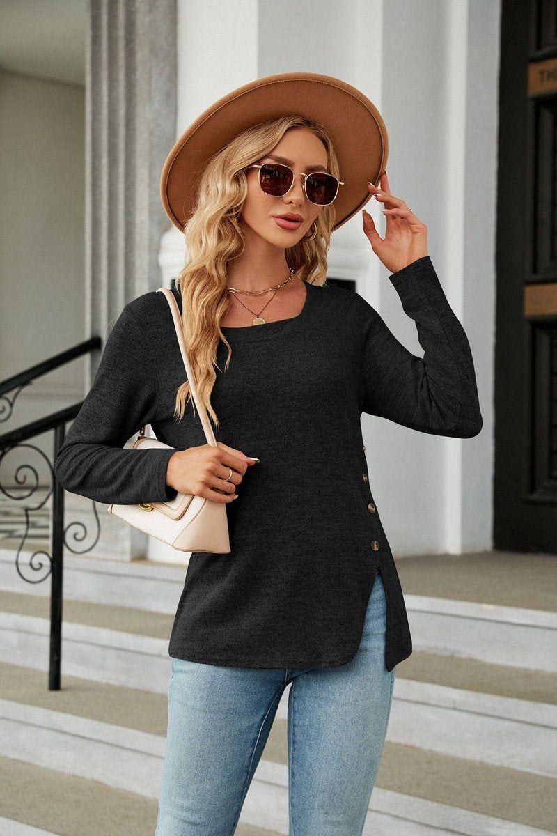 WOMEN SQUARE NECK LONG SLEEVE SIDE SLIT T SHIRT