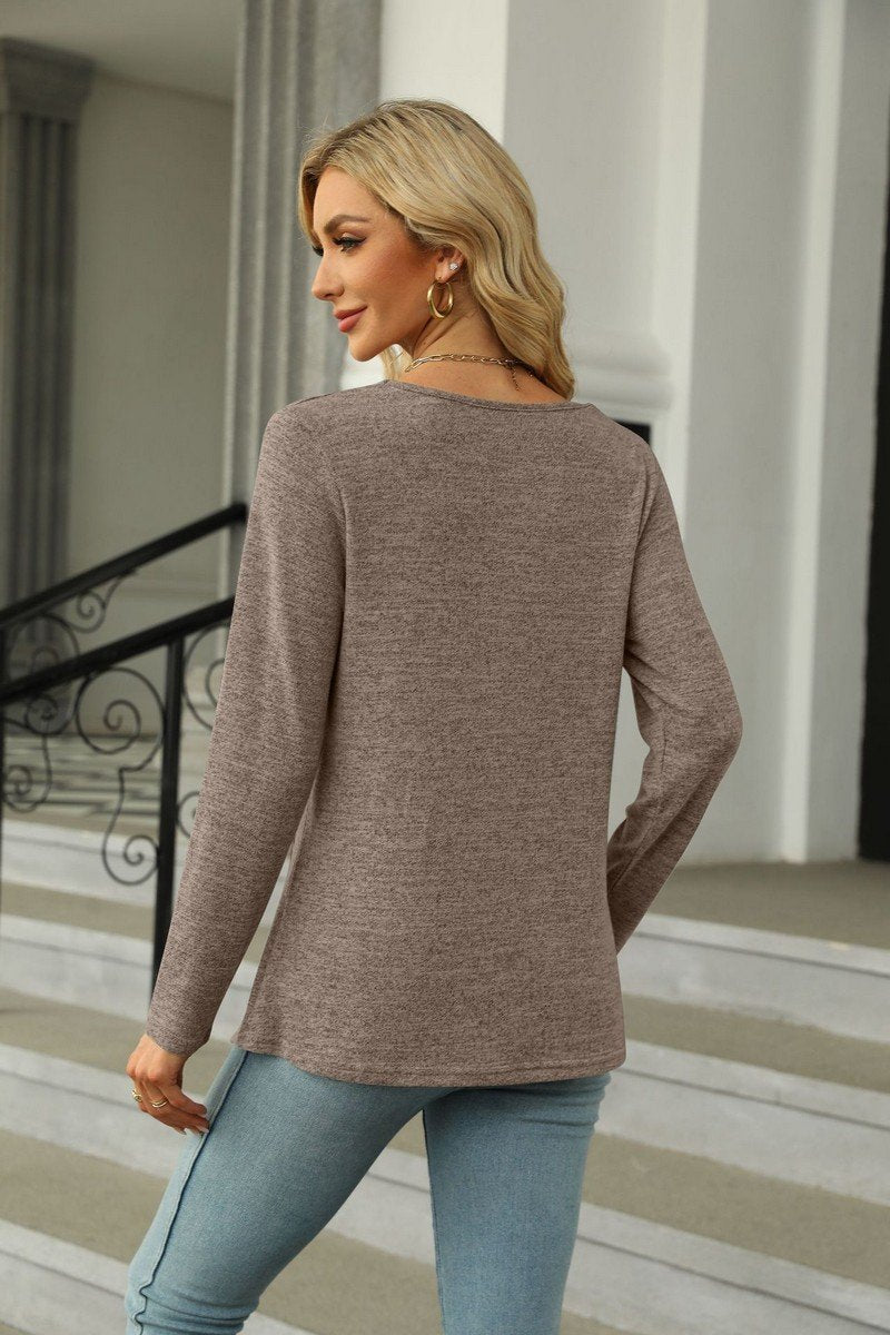 WOMEN SQUARE NECK LONG SLEEVE SIDE SLIT T SHIRT