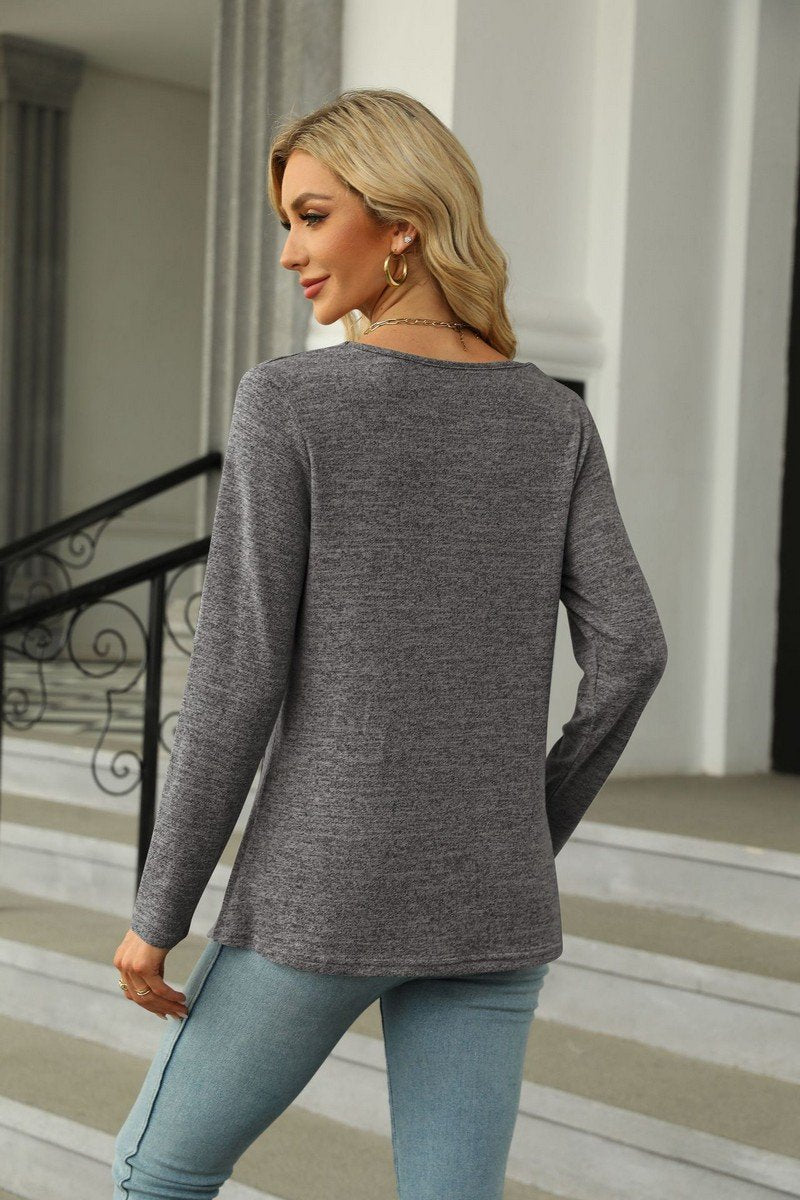 WOMEN SQUARE NECK LONG SLEEVE SIDE SLIT T SHIRT