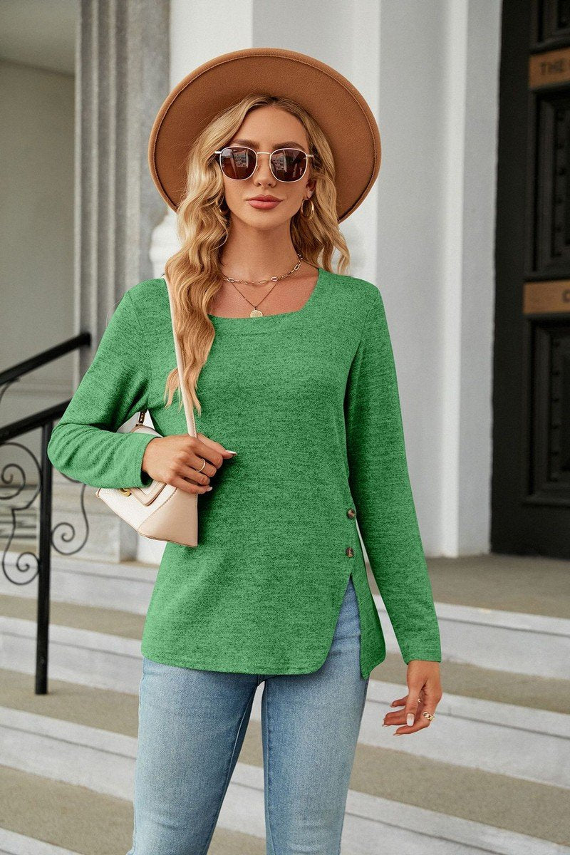 WOMEN SQUARE NECK LONG SLEEVE SIDE SLIT T SHIRT