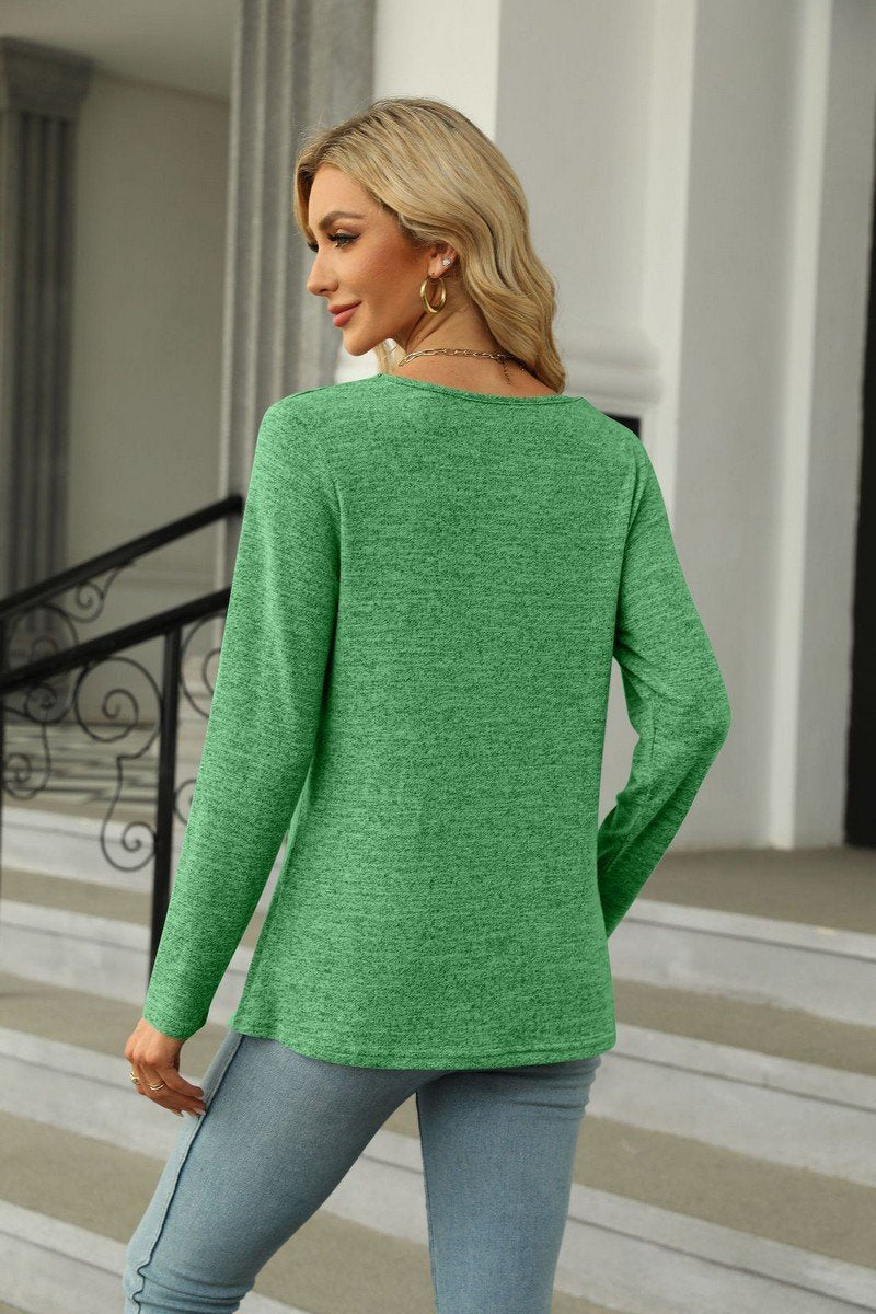 WOMEN SQUARE NECK LONG SLEEVE SIDE SLIT T SHIRT