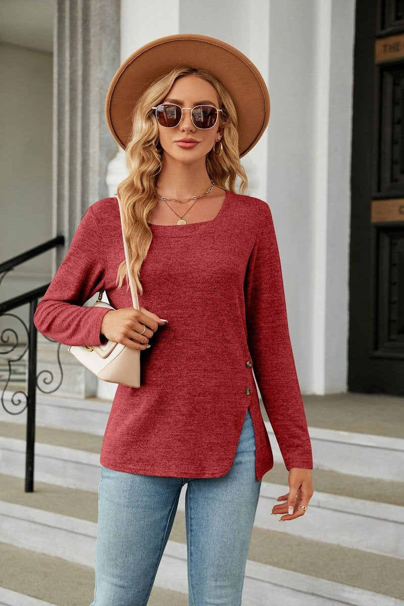 WOMEN SQUARE NECK LONG SLEEVE SIDE SLIT T SHIRT