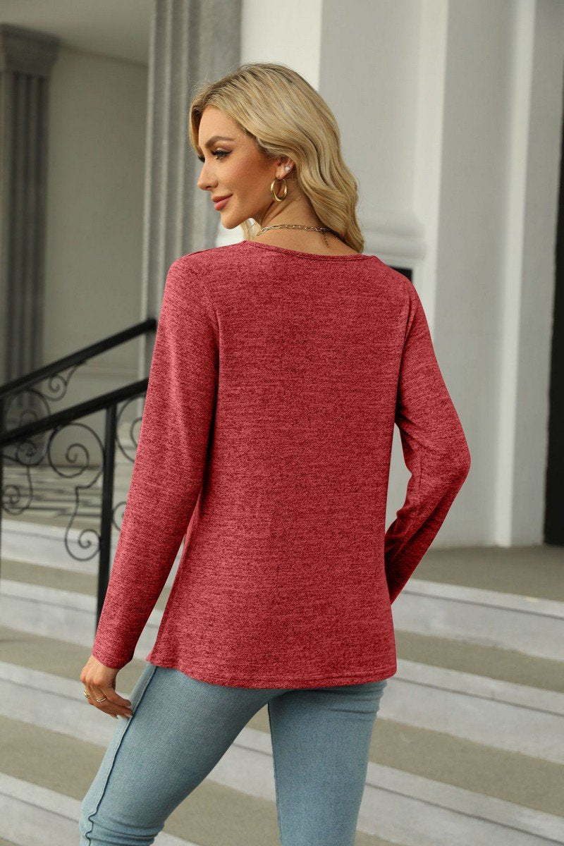 WOMEN SQUARE NECK LONG SLEEVE SIDE SLIT T SHIRT