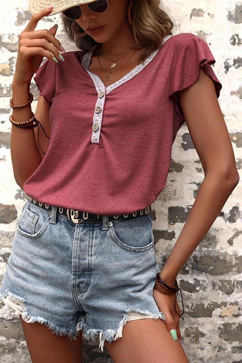 BUTTON NECK SHORT SLEEVE CASUAL TOP - Doublju