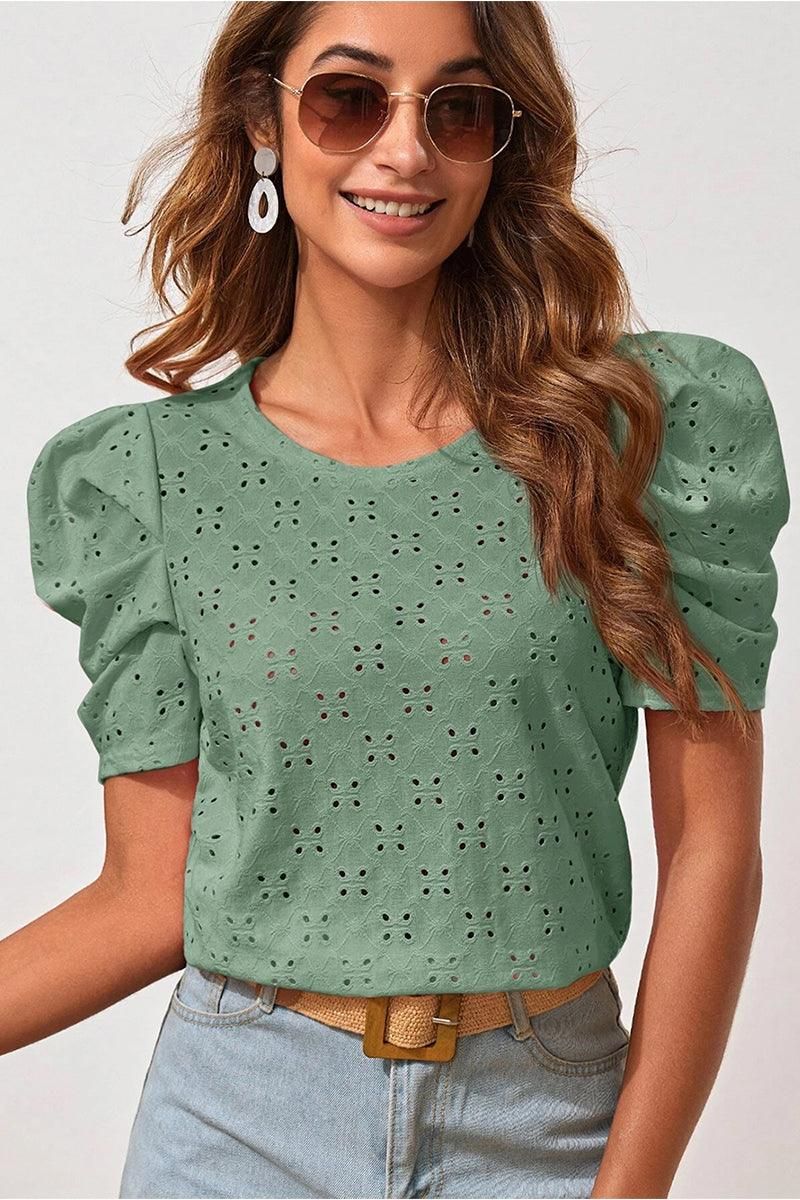 PUFF SHOULDER ROUND NECK SHORT CASUAL TOP - Doublju